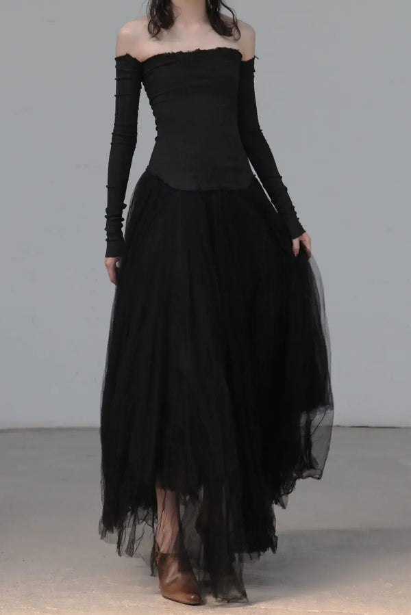 Marc Le Bihan 21908 Shrink Silk Ballet Dress Flat Shoulder Series Triple Tulle Skin-friendly MLB-21908-HEI Black